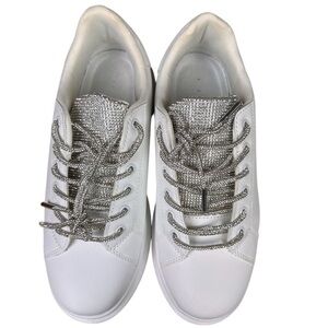 Azalea Wang Women's White Janna Crystal Rhinestone Lace-Up Sneakers Size 7